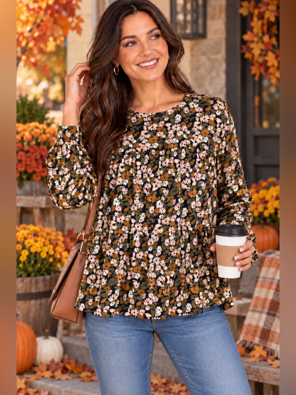 Sonoma Olive Multi Floral Tiered Long-Sleeve Tunic- perfect for the fall 🍁